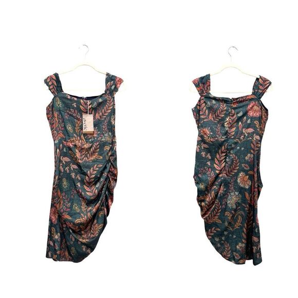 NWT Averie Halley Ruched Midi Dress Flowery Print on Cobalt Blue - Picture 1 of 5